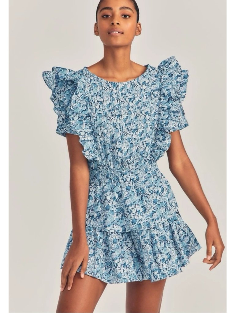 Loveshackfancy Blue White Floral Liberty Fabric Natasha Ruffle Mini Dress, Sz S